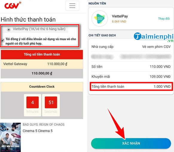 huong dan mua ve xem phim 1k cgv viettelpay bang the visa