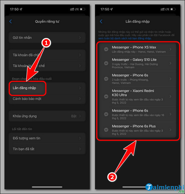 cach xem lich su dang nhap messenger tren iOS