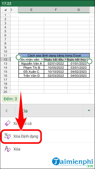 cach xoa dinh dang bang trong excel tren dien thoai iOS