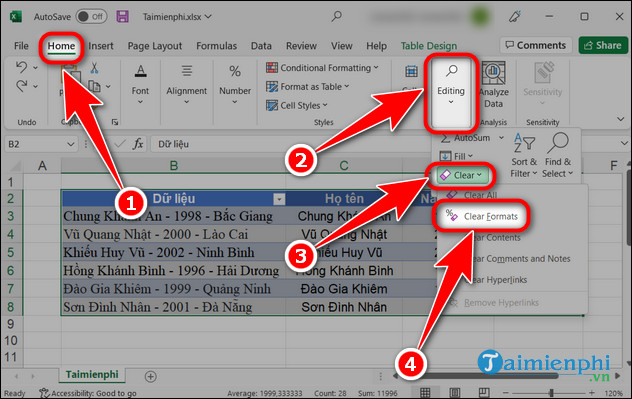 cach xoa dinh dang bang trong excel 2016