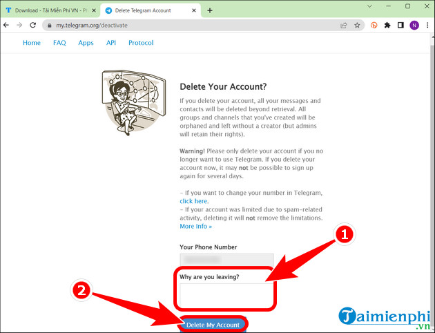 xoa tai khoan telegram