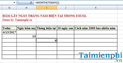 trong excel ham today() tra ve