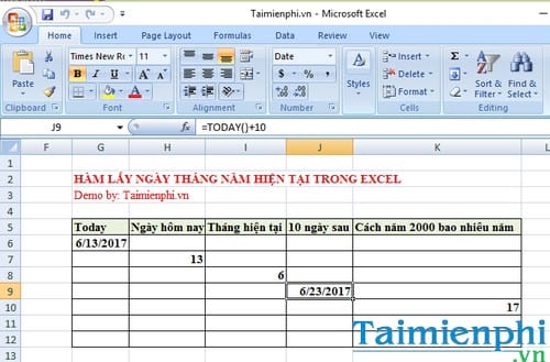 trong bang tinh excel ham today() tra ve