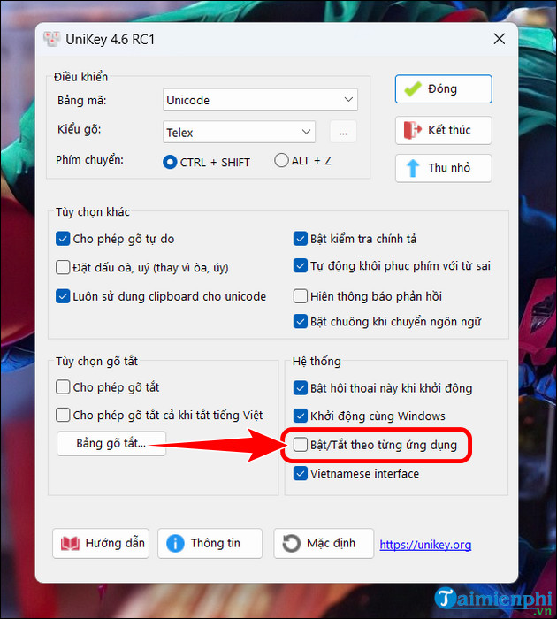 bat tat tieng viet theo tung ung dung tren unikey 4.6 rc1