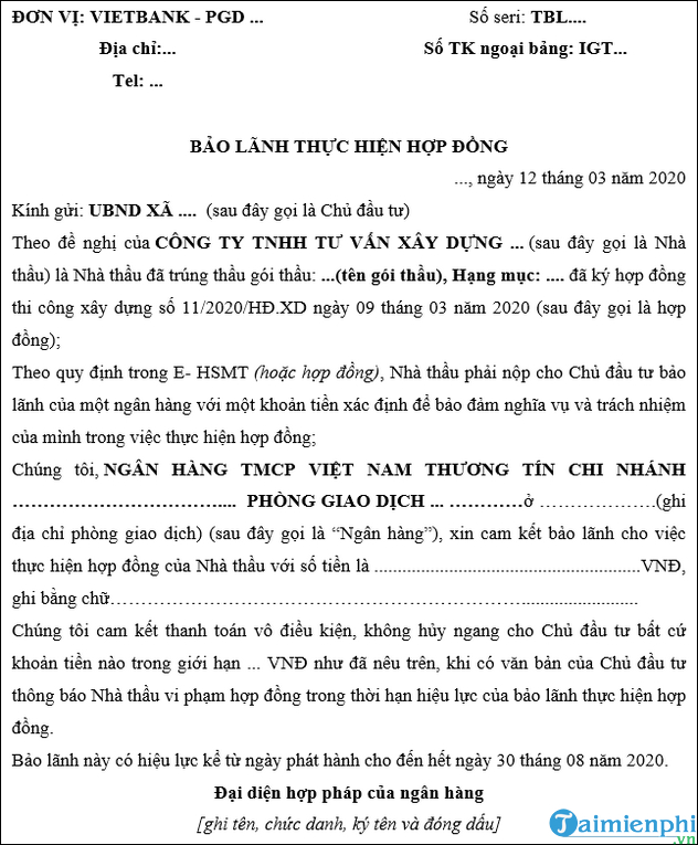 mau bao lanh thuc hien hop dong xay dung